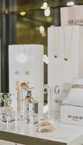 Ohrringe, Ringe und Ketten aufgebaut in einem Glaskasten 